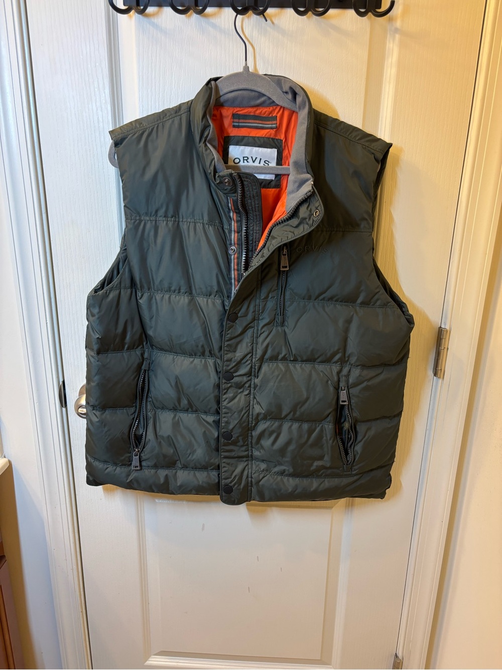 Orvis Mens Large Olive Green Puffer Vest Orange Lining Down Insulated Zipper L